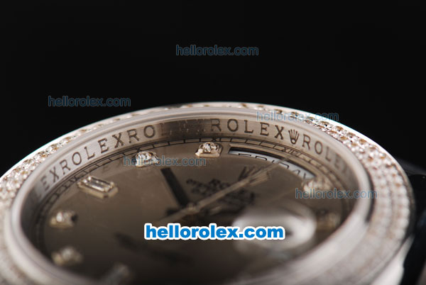 Rolex Day Date II Automatic Movement Full Steel with Double Row Diamond Bezel with Diamond Markers and Grey Dial - Click Image to Close